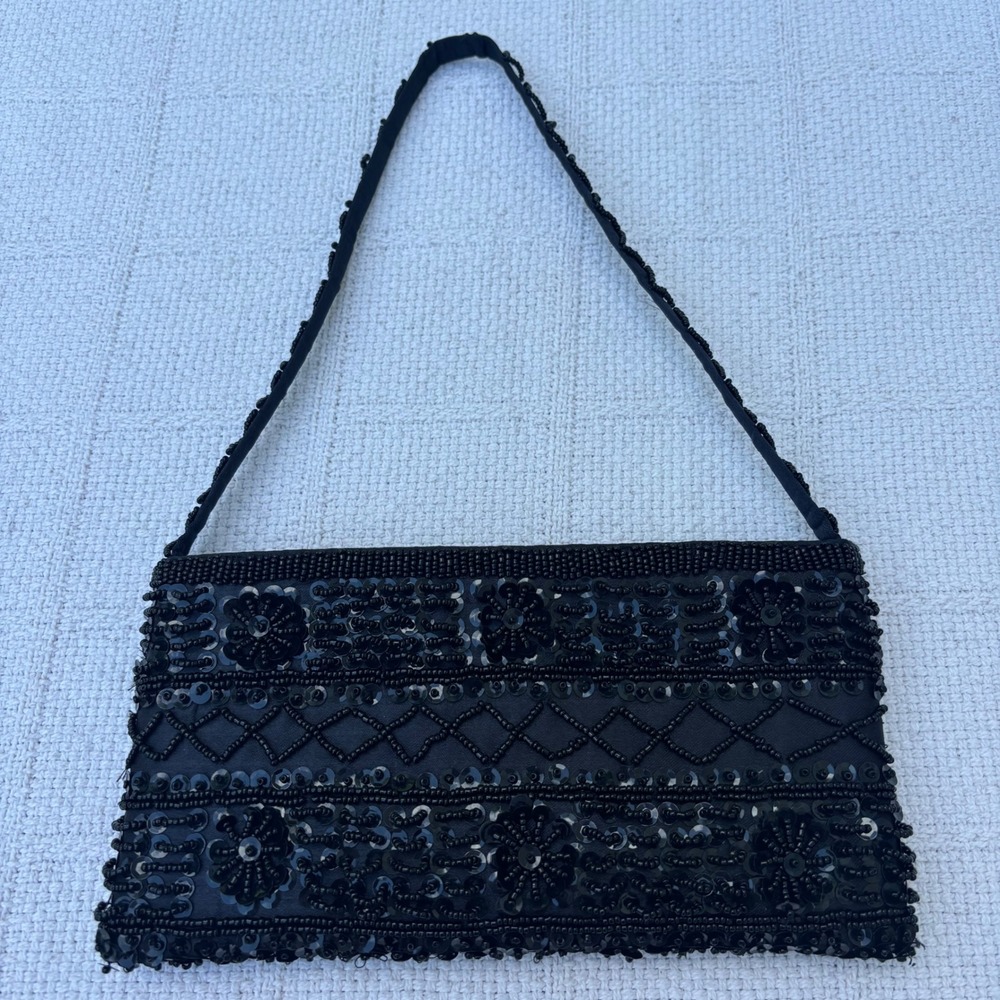 90's Y2K Black Beaded Sequin Embellished Mini Small Going Out Shoulder Bag - Picture 5 of 7
